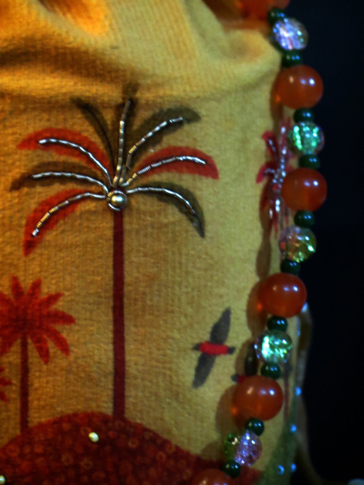 Sunset Orange Velvet Potli Bag with Beaded Handle and Palm Embroidery