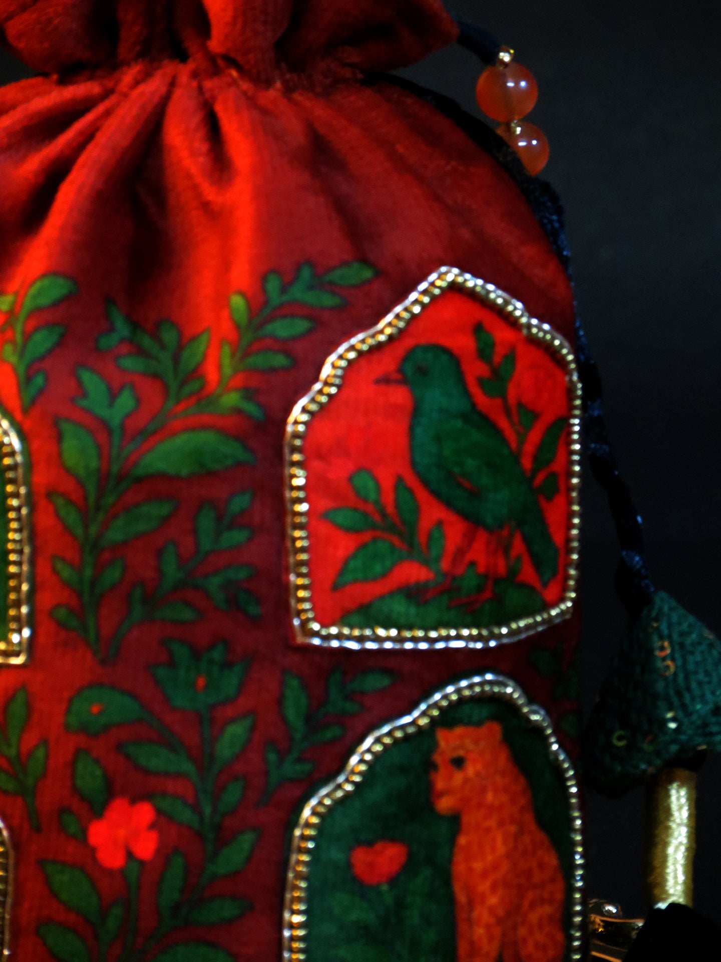 Maroon Velvet Gulnaar Jharokha Potli Bag Printed and Hand-Embroidered
