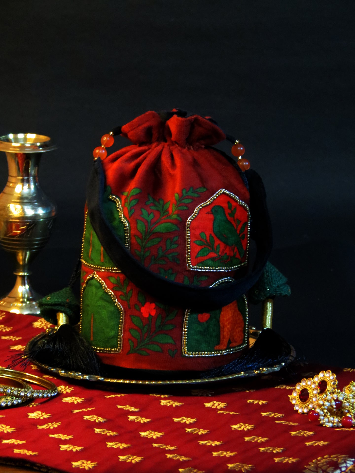 Maroon Velvet Gulnaar Jharokha Potli Bag Printed and Hand-Embroidered