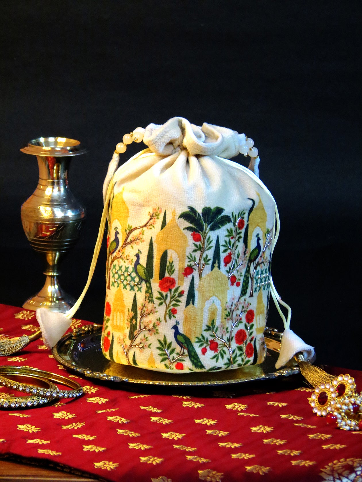 Luxury Velvet Potli Bag with Handcrafted Botanical Garden Design