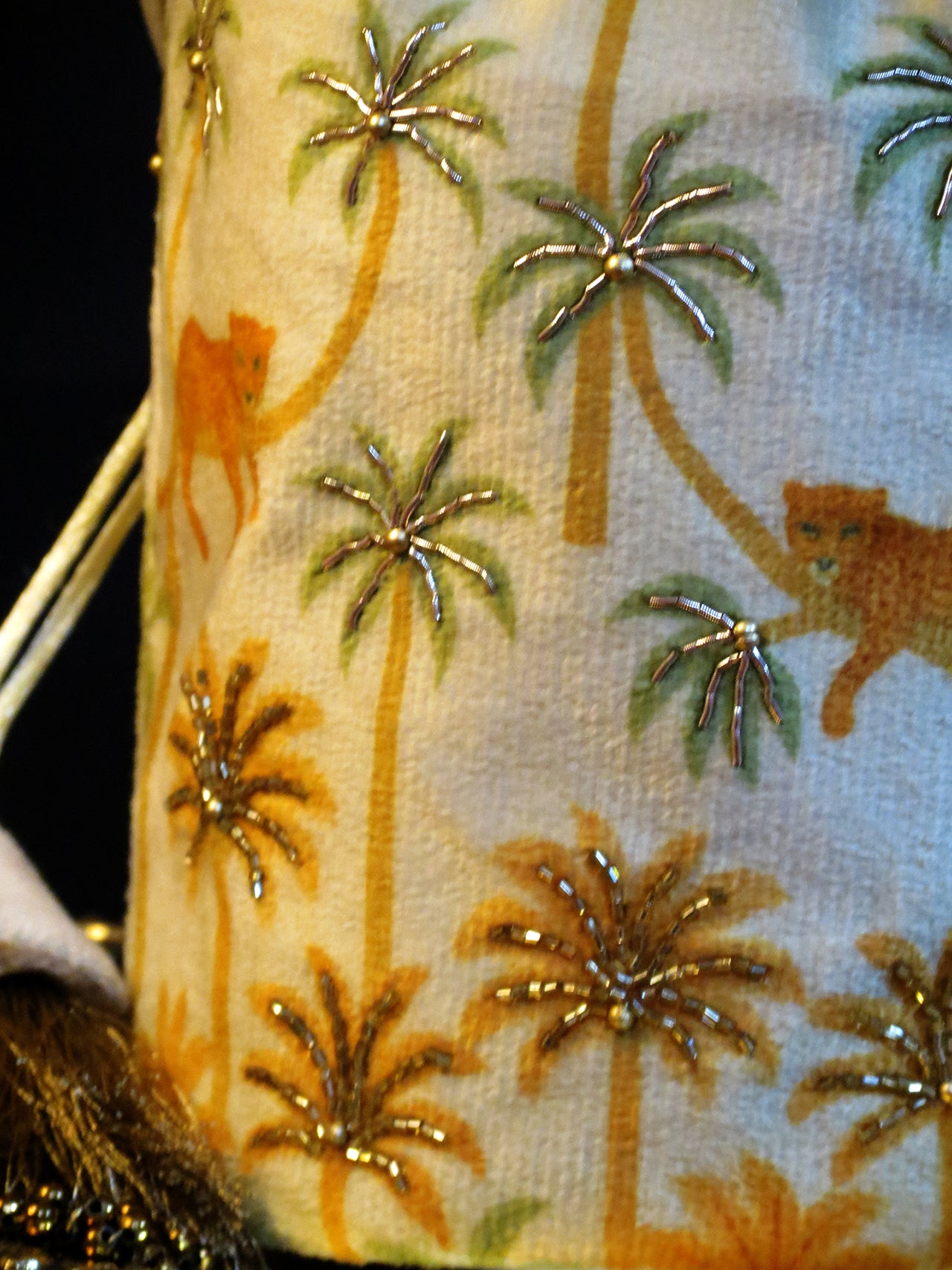 Velvet Potli Bag with Palm Tree & Leopard Embroidery – Ivory Base