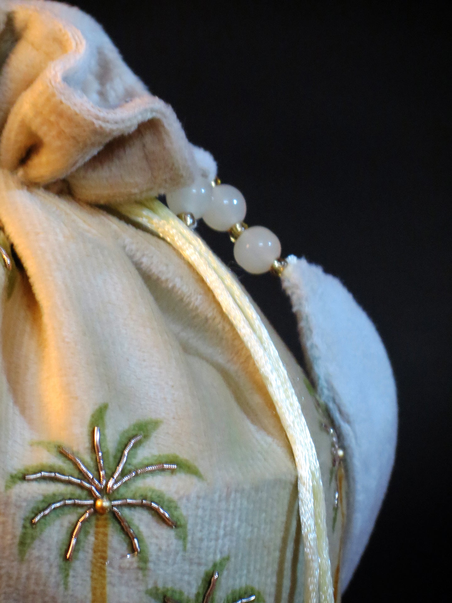 Velvet Potli Bag with Palm Tree & Leopard Embroidery – Ivory Base