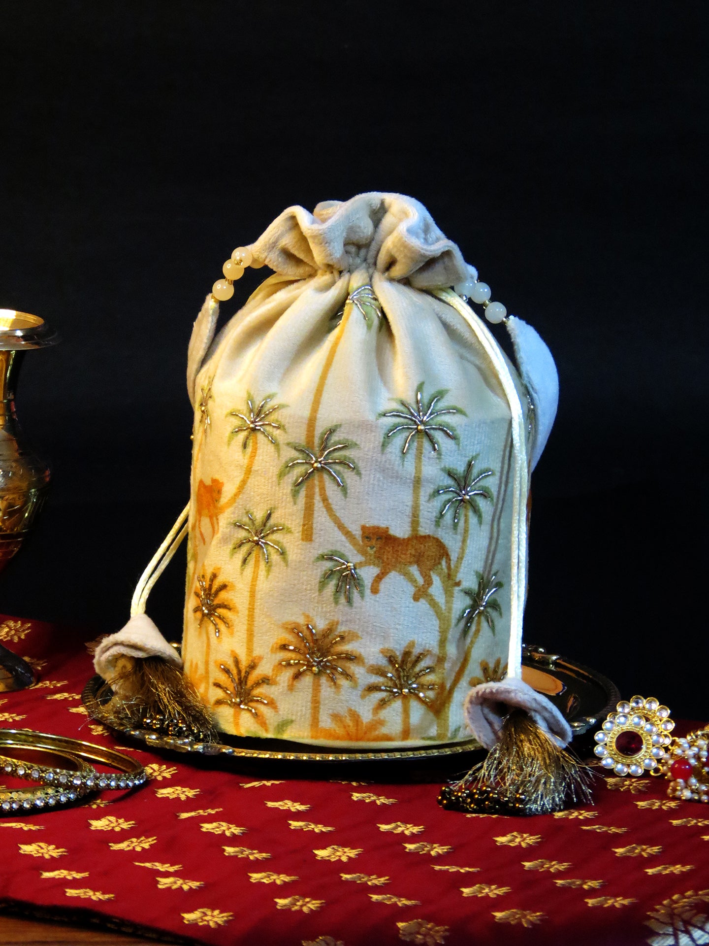 Velvet Potli Bag with Palm Tree & Leopard Embroidery – Ivory Base