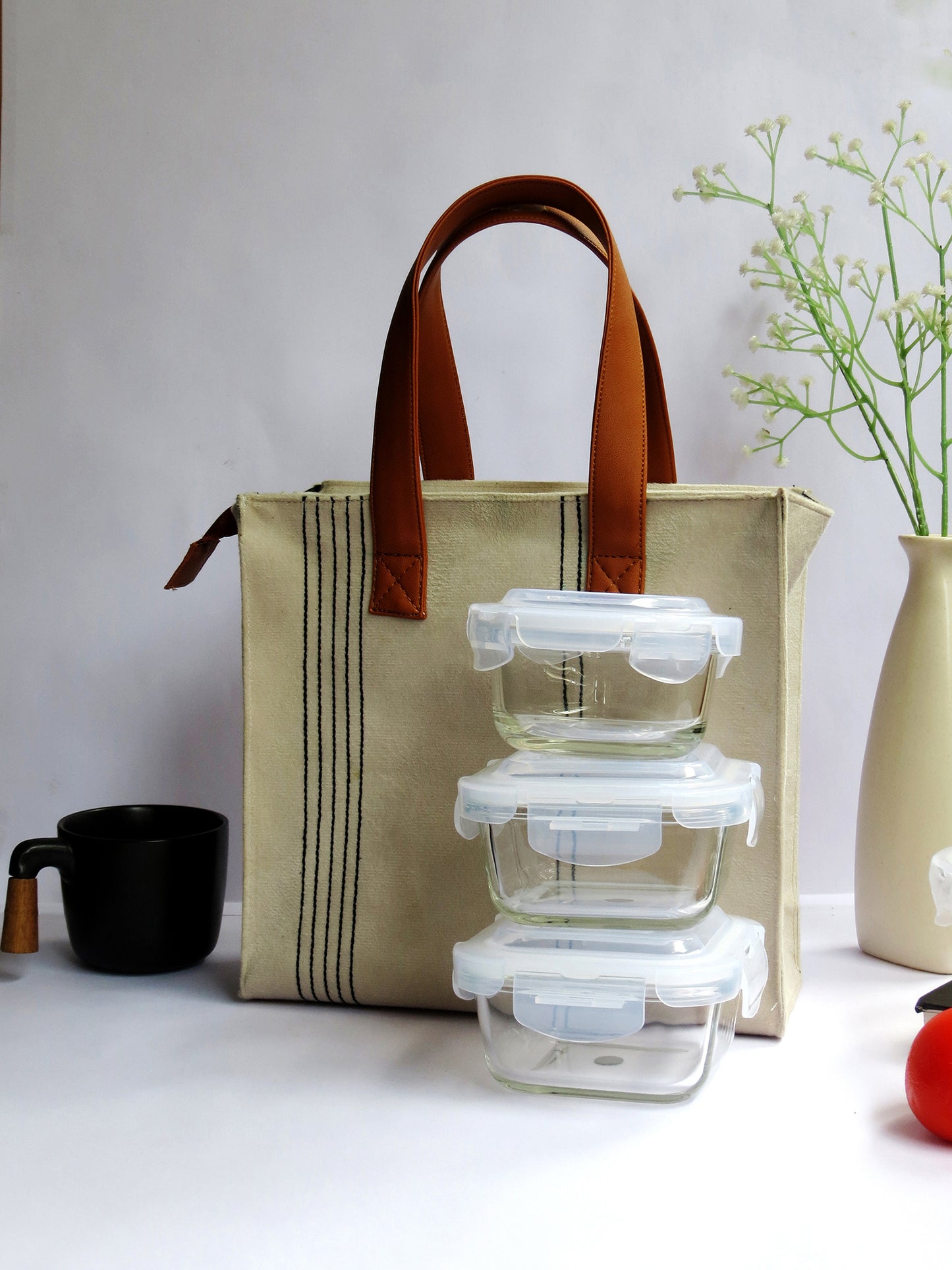 Velvet Tiffin Companion – Beige Lunch Bag with Bottle Space