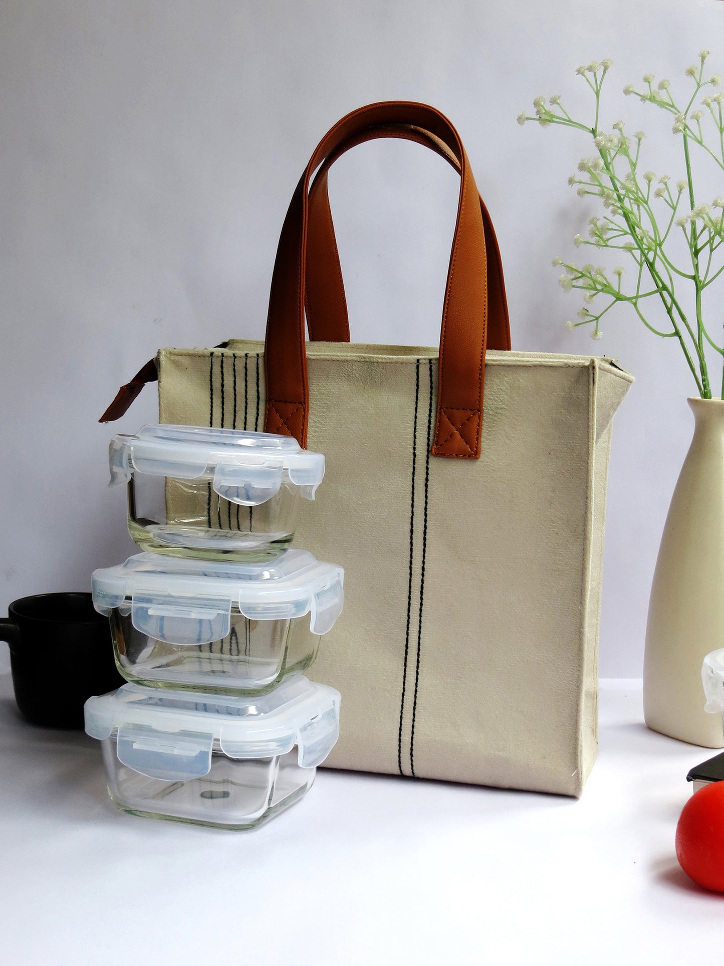 Velvet Tiffin Companion – Beige Lunch Bag with Bottle Space