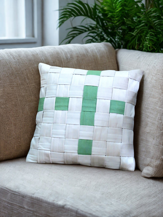 Luxurious Cushion Cover Combines Off-White Velvet and Pastel Green Cotton