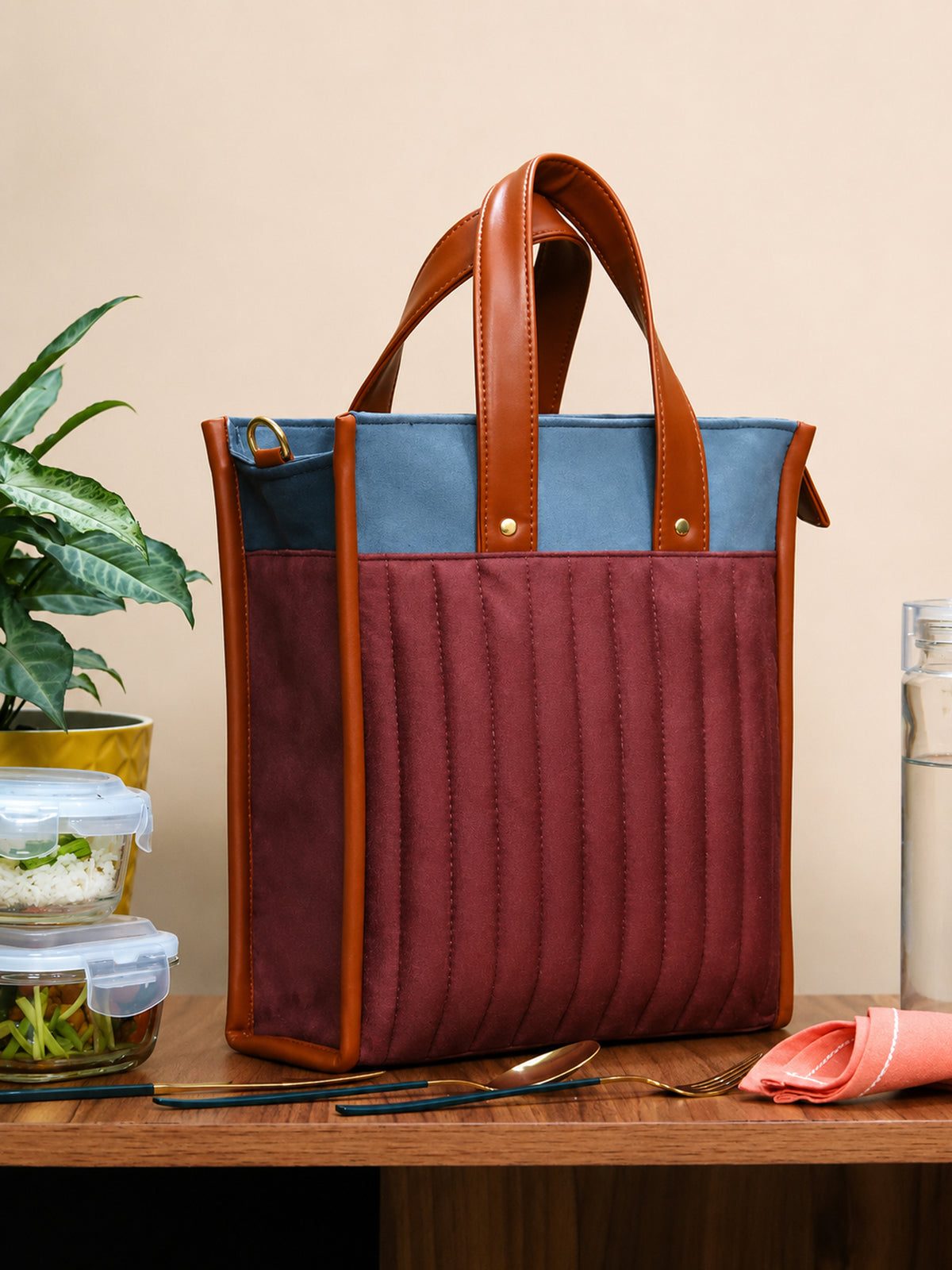 Burgundy Velvet Quilted Lunch Bag