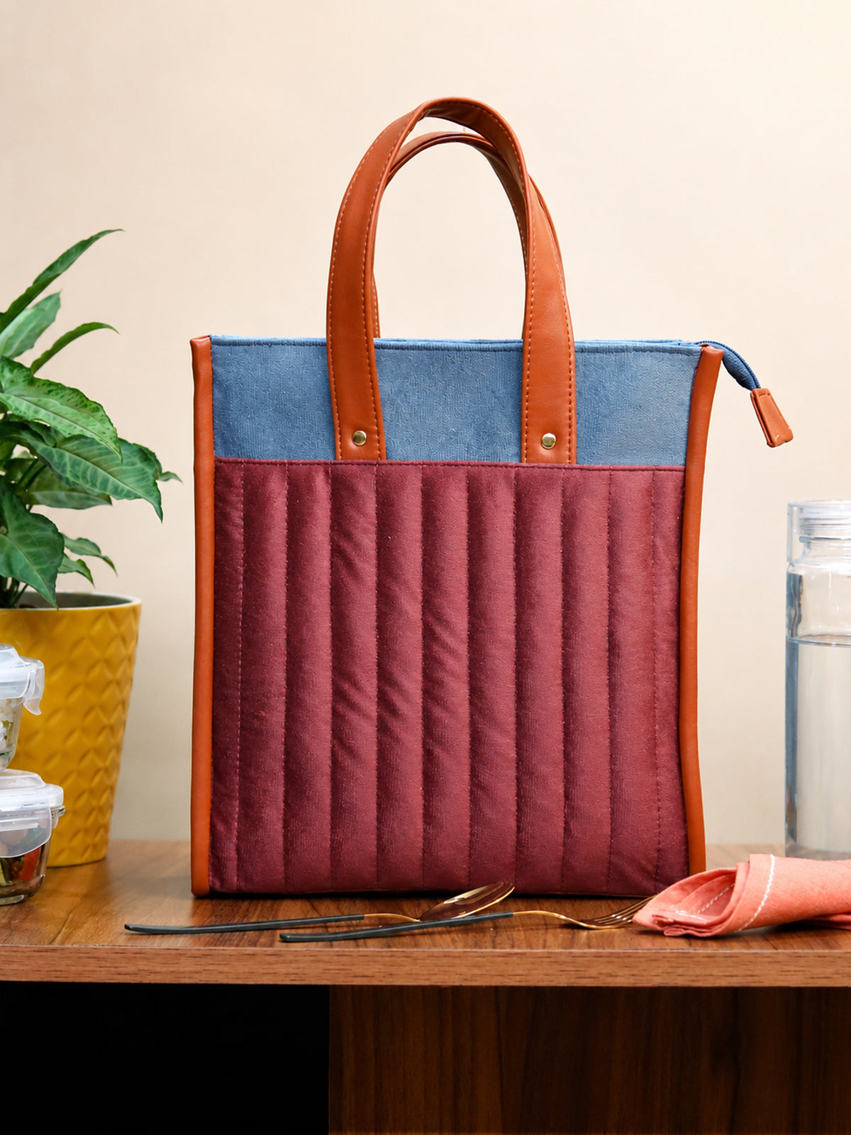 Burgundy Velvet Quilted Lunch Bag