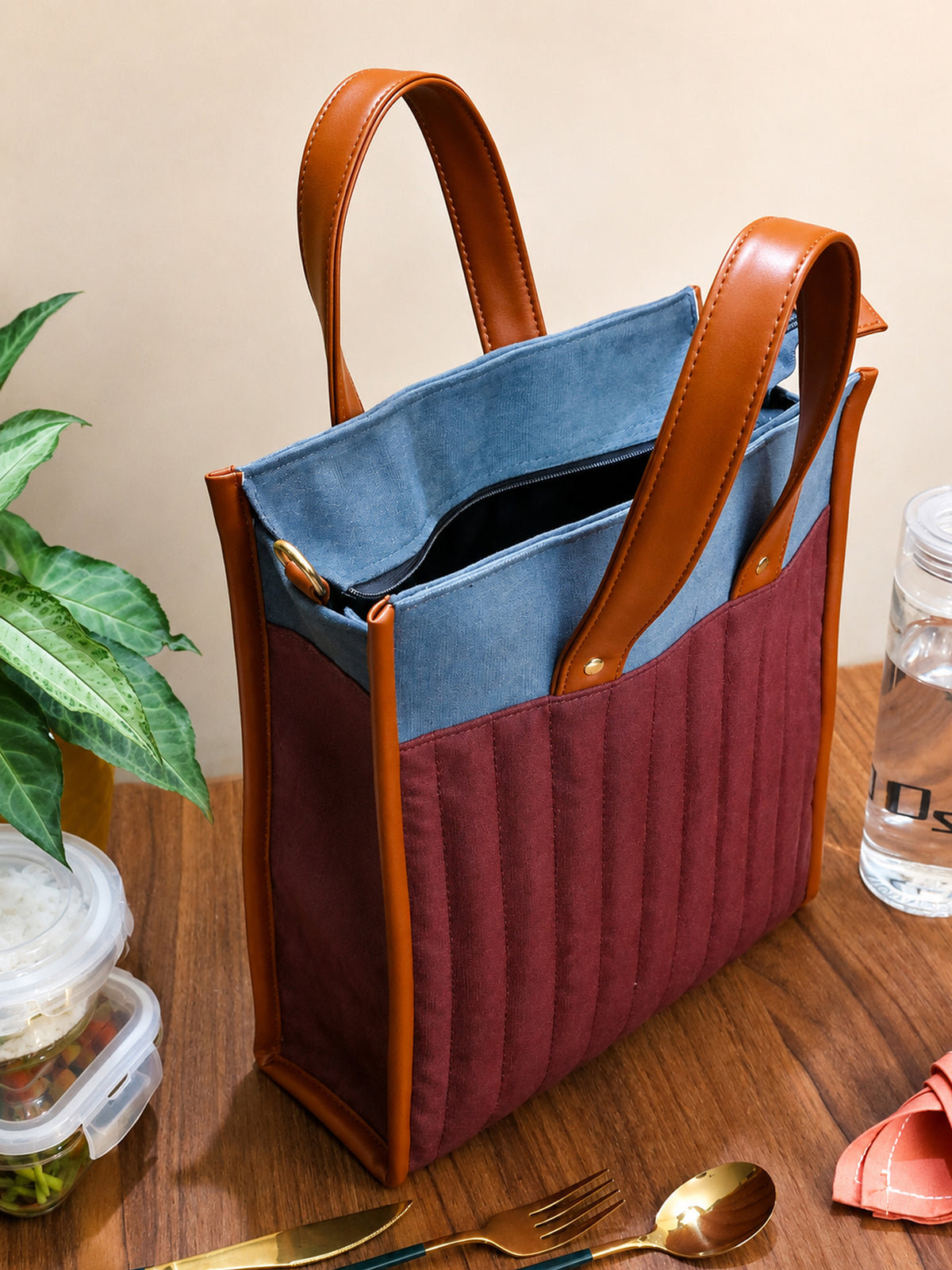 Burgundy Velvet Quilted Lunch Bag