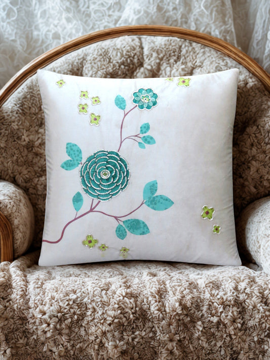 Floral Elegance Ivory Velvet Cushion Cover 16 Inch