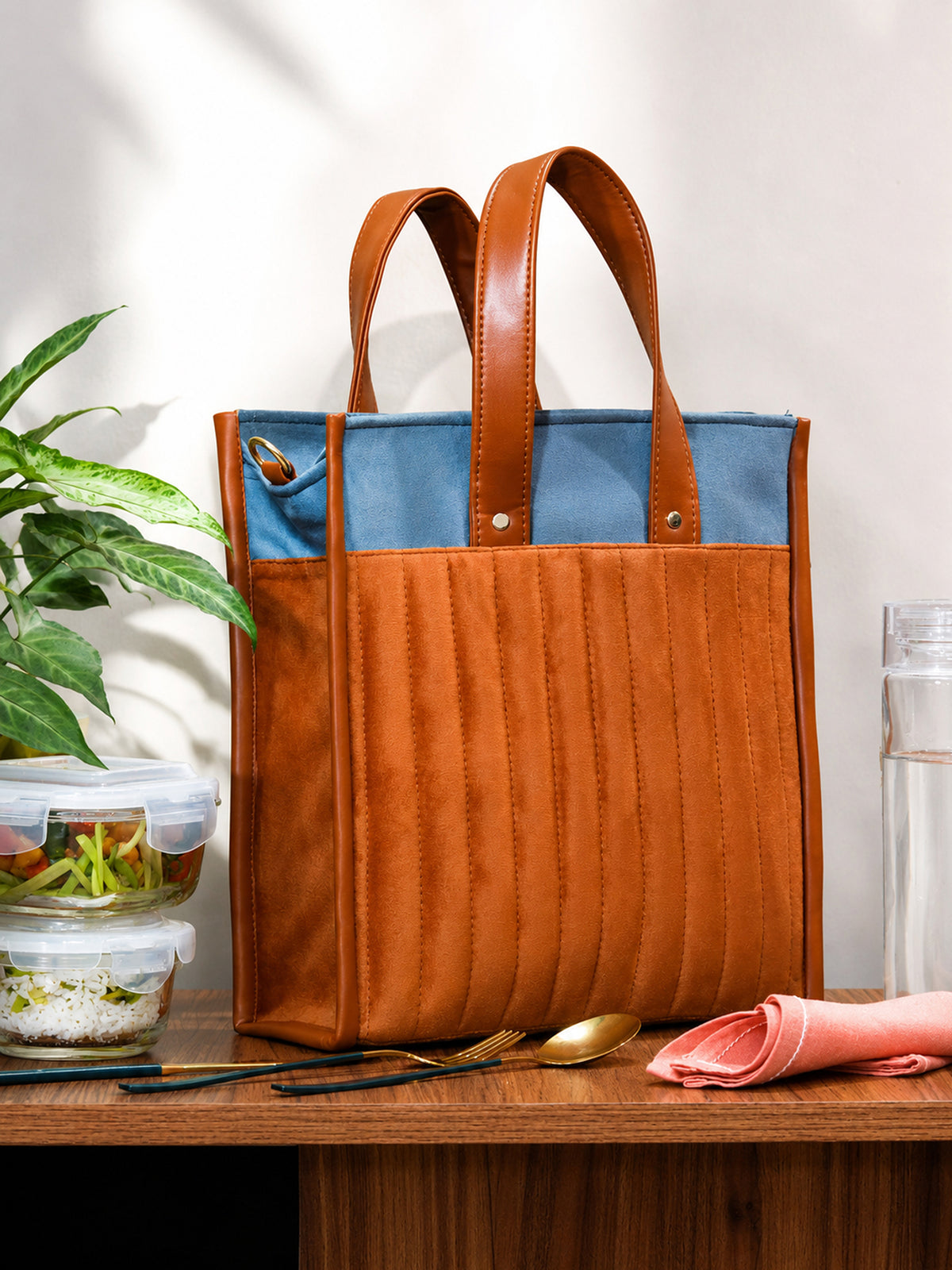 Tan Velvet Quilted Lunch Bag