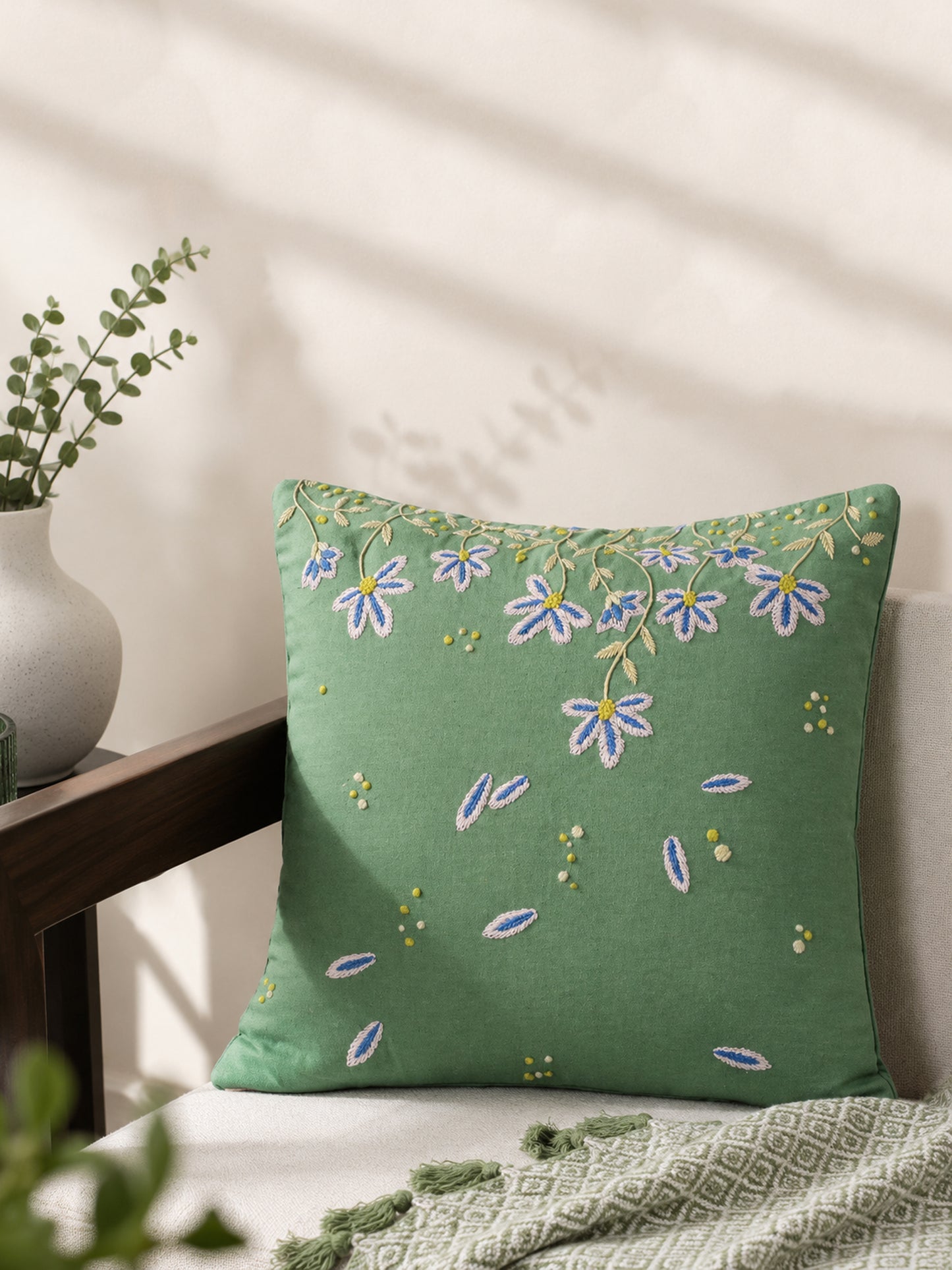Handcrafted cotton mint blossom cushion cover