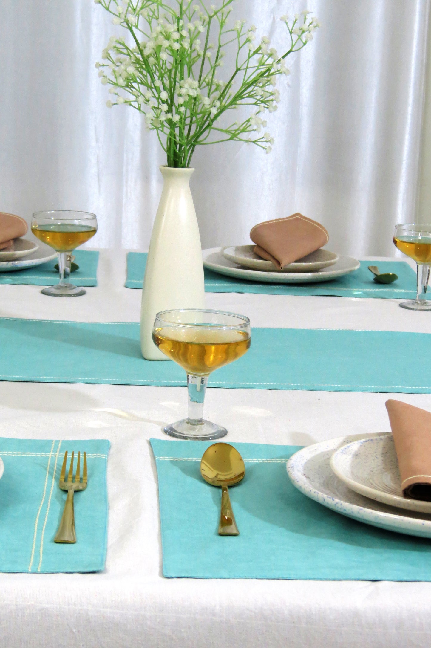 Aqua & White cotton table linen set of 14 pcs