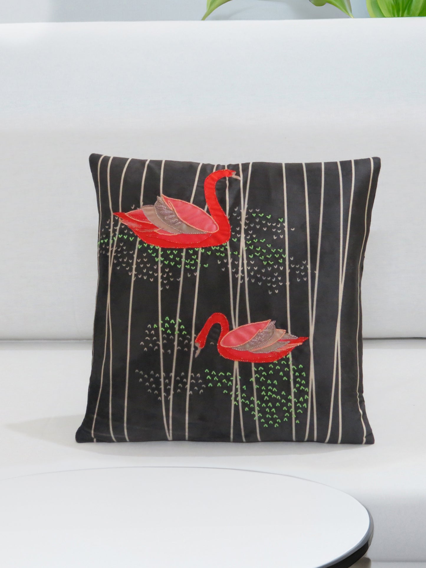 Swan Serenade Black Velvet Cushion Cover 16x16 Inch Set of 2