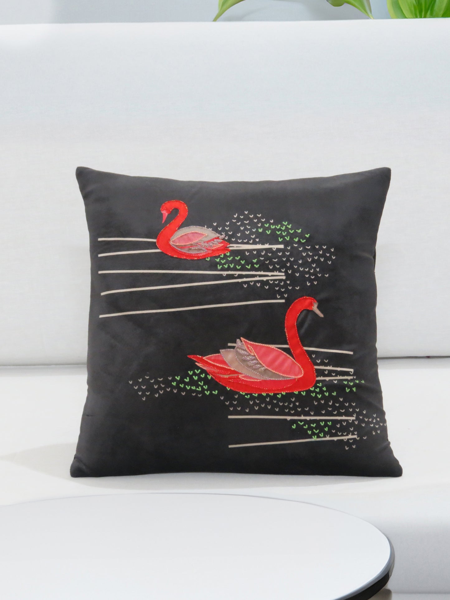 Swan Serenade Black Velvet Cushion Cover 16x16 Inch Set of 2