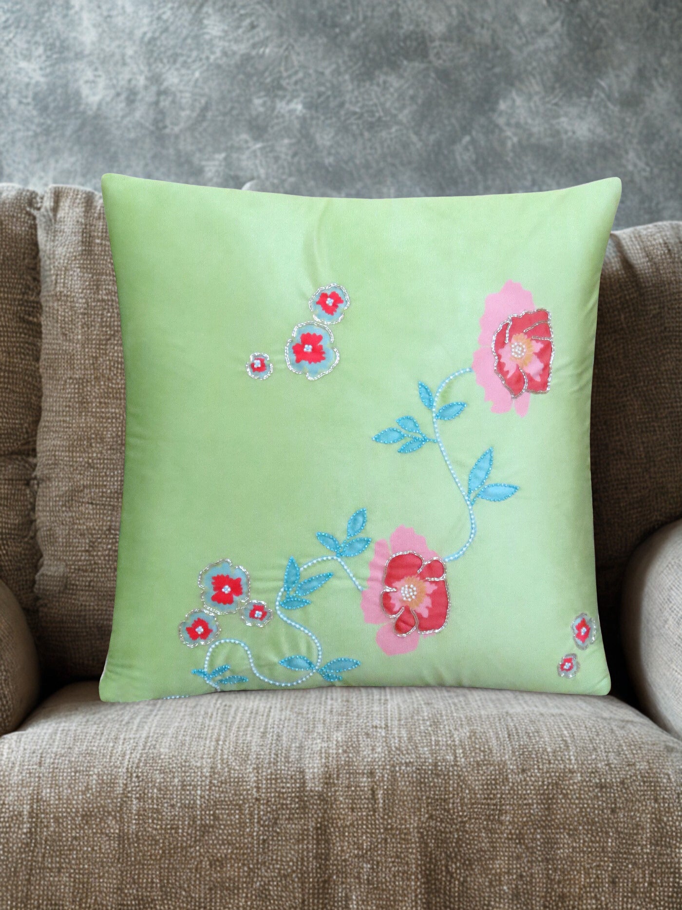 Floral Elegance Green Velvet Cushion Cover 16 Inch