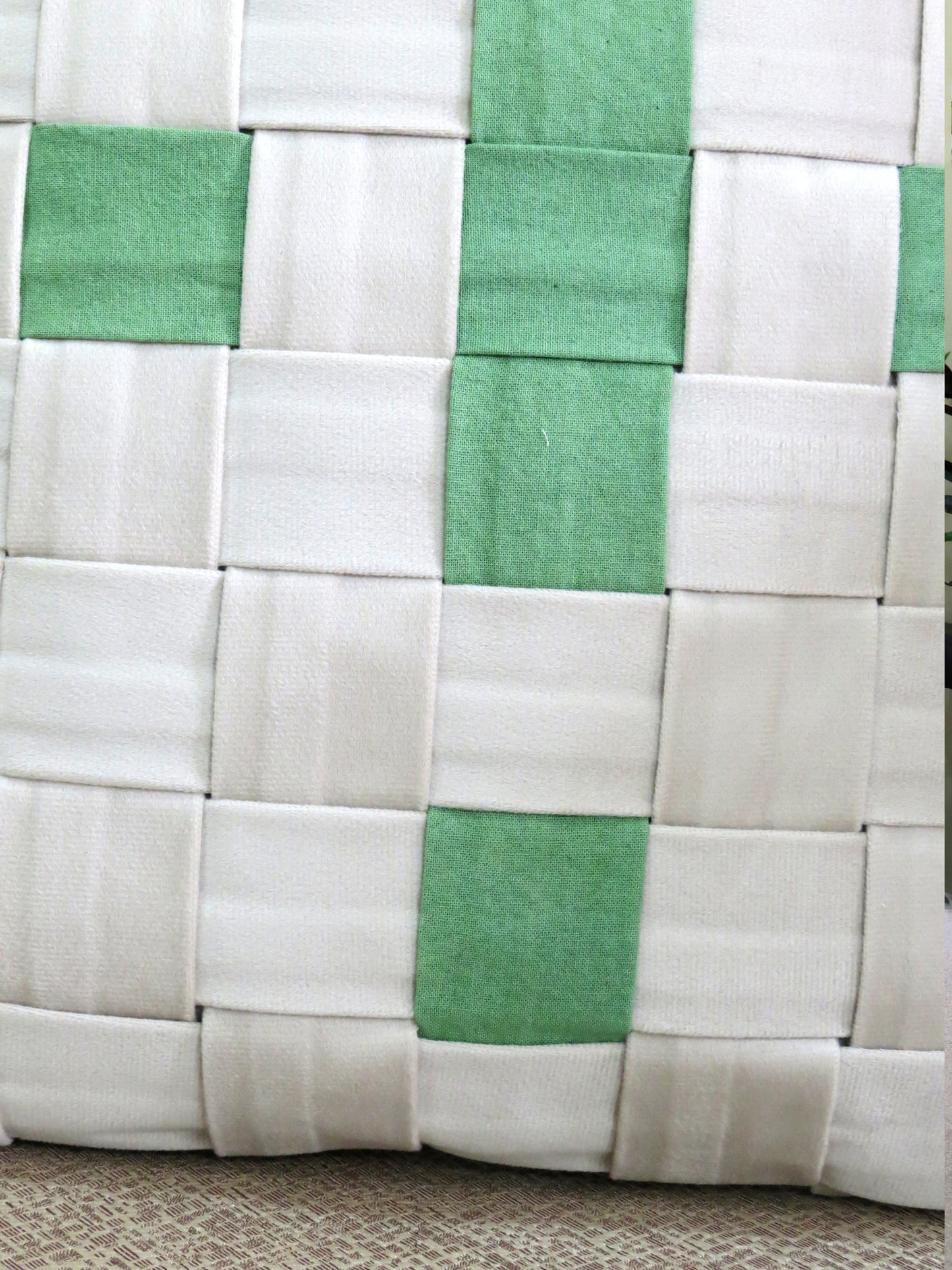 Luxurious Cushion Cover Combines Off-White Velvet and Pastel Green Cotton