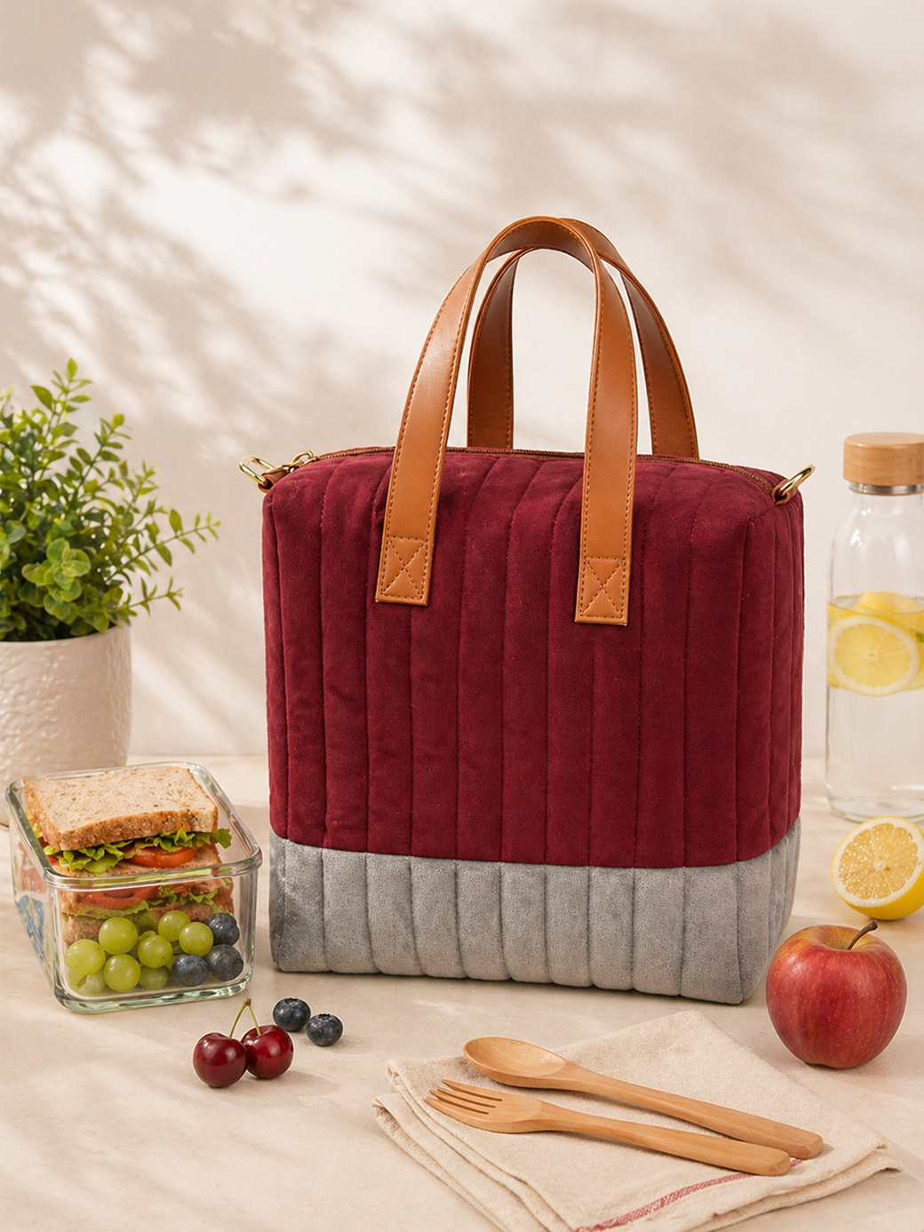 Quilted Maroon Lunch Bag for Office