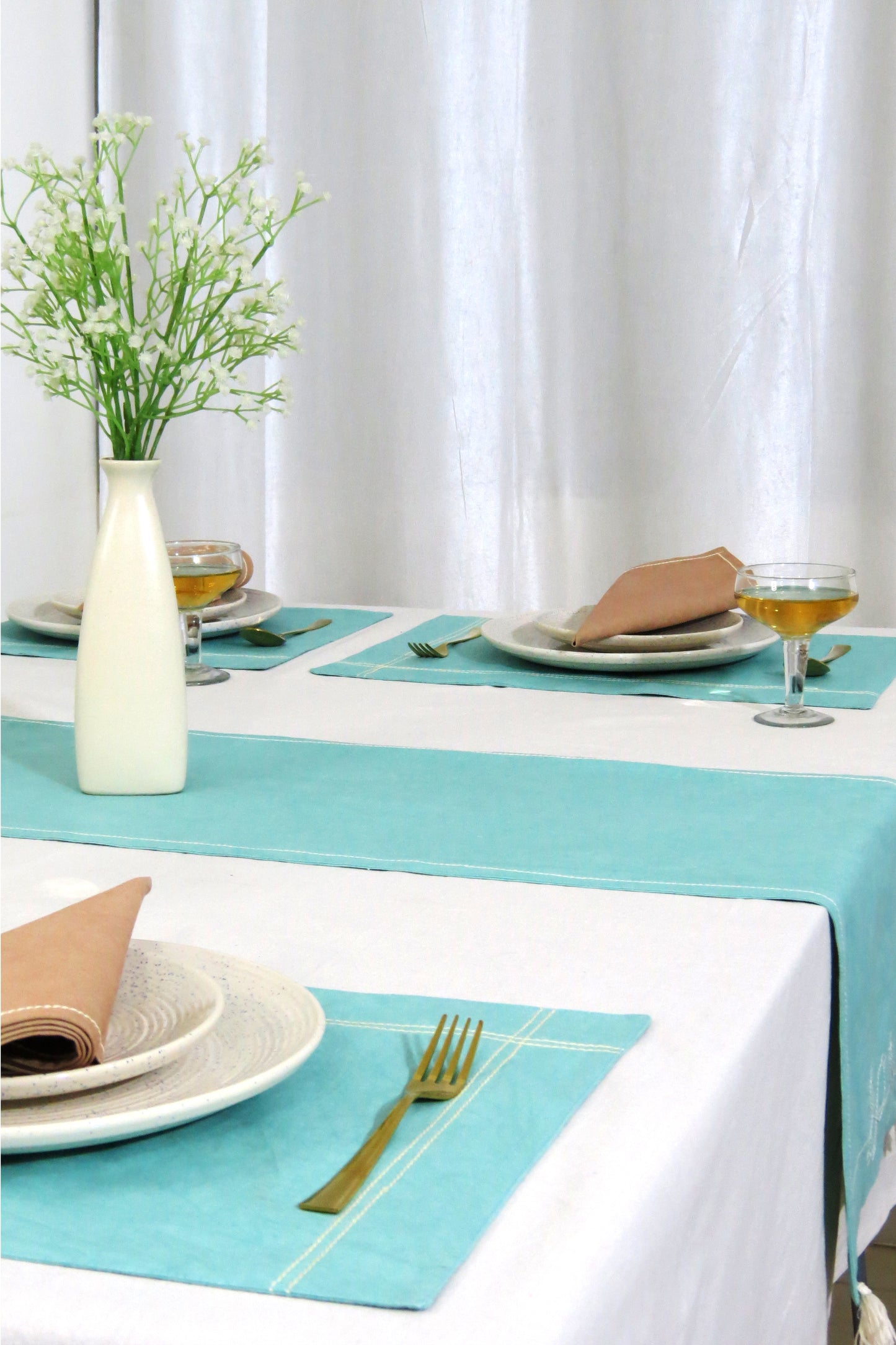 Aqua & White cotton table linen set of 14 pcs