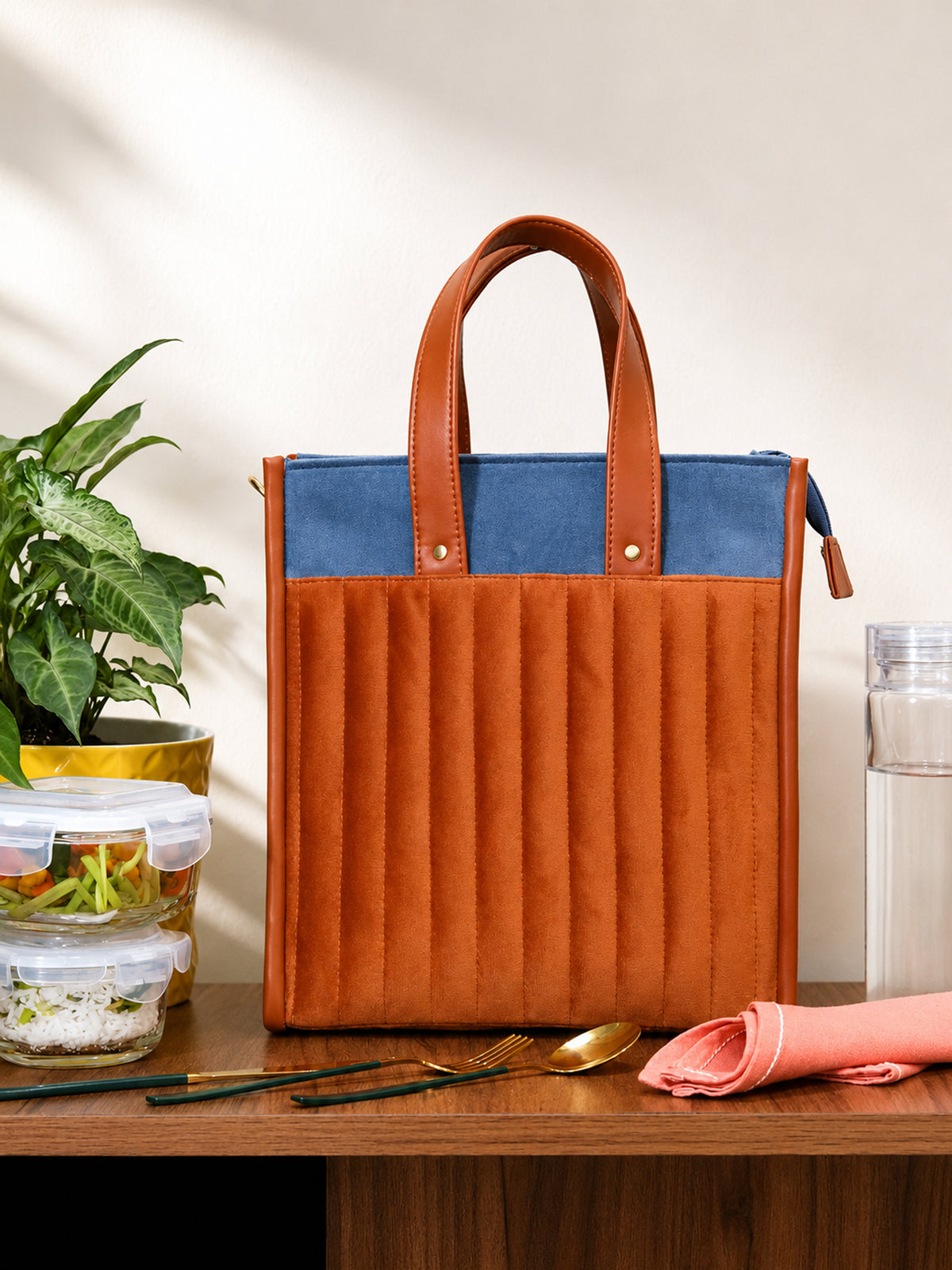 Tan Velvet Quilted Lunch Bag