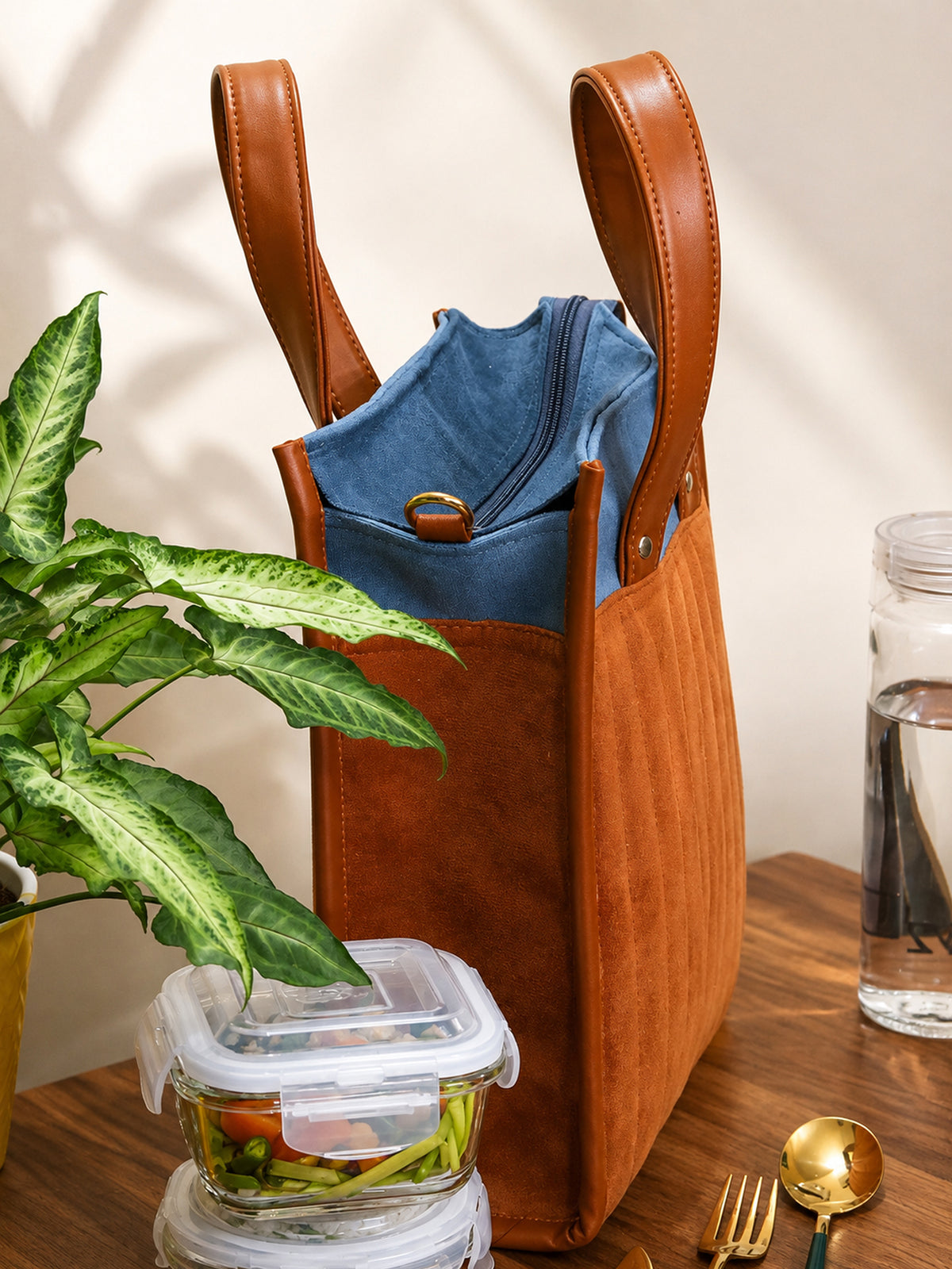 Tan Velvet Quilted Lunch Bag