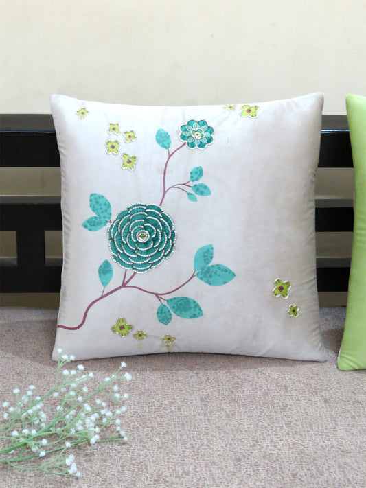 Floral Elegance Ivory Velvet Cushion Cover 16 Inch