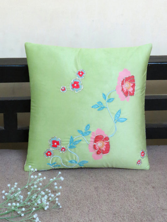 Floral Elegance Green Velvet Cushion Cover 16 Inch