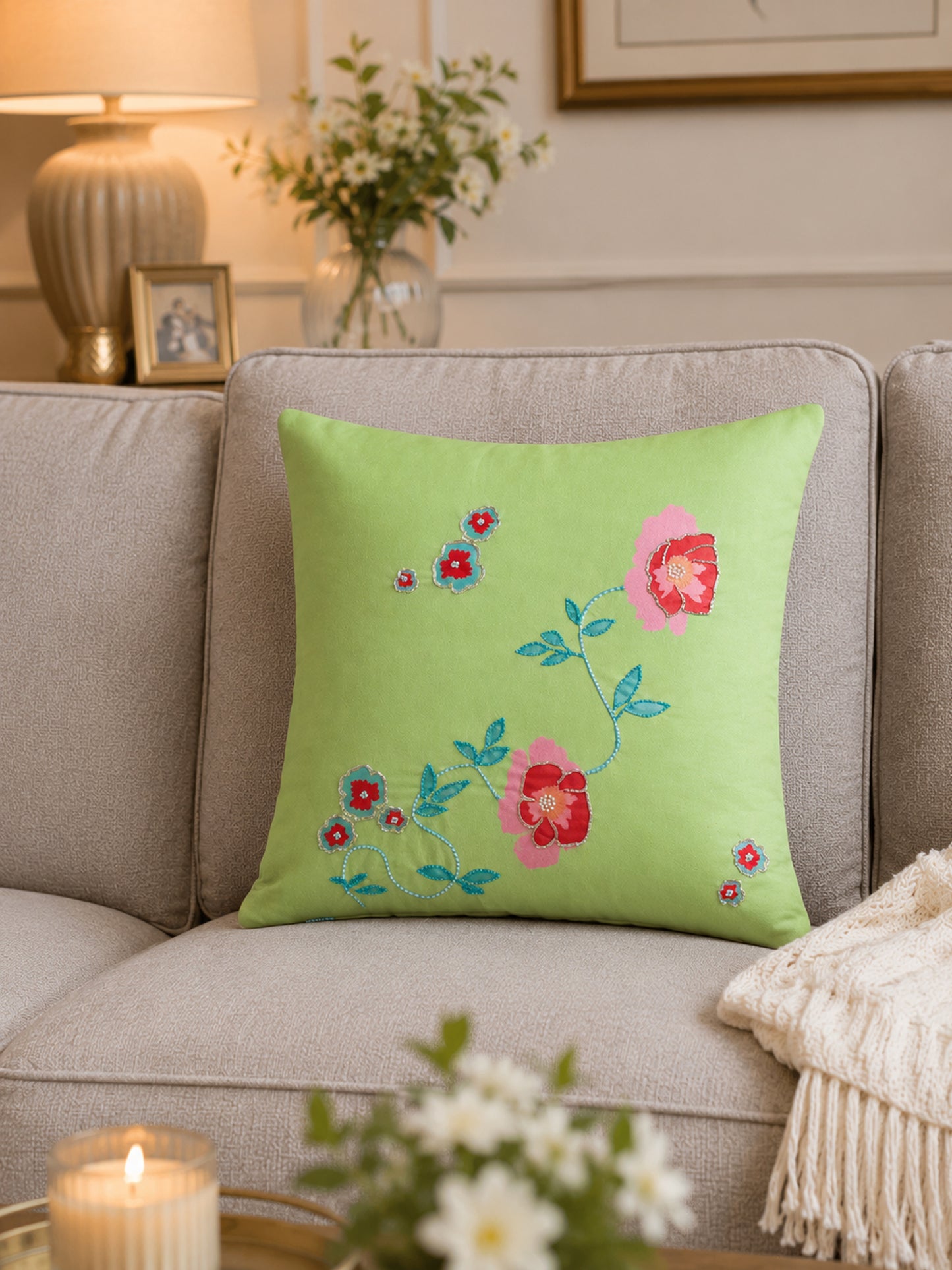 Floral Elegance Green Velvet Cushion Cover 16 Inch