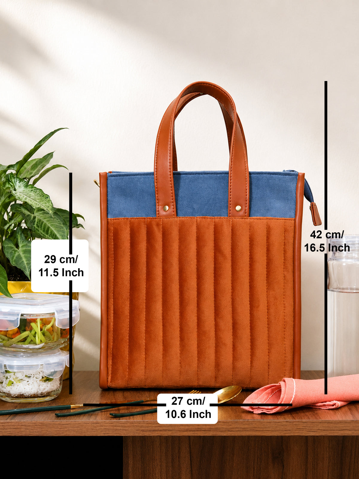 Tan Velvet Quilted Lunch Bag