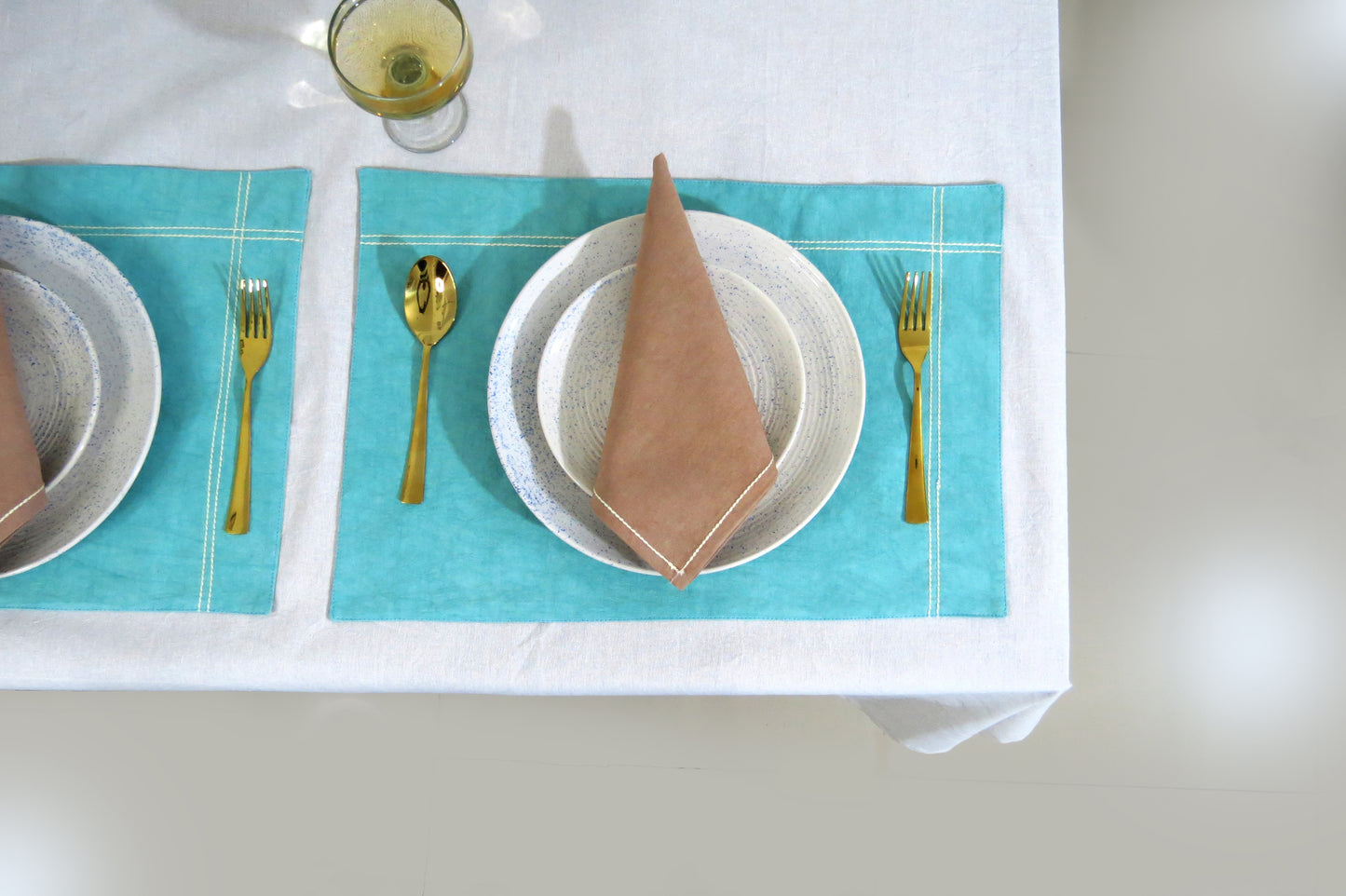 Aqua & White cotton table linen set of 14 pcs
