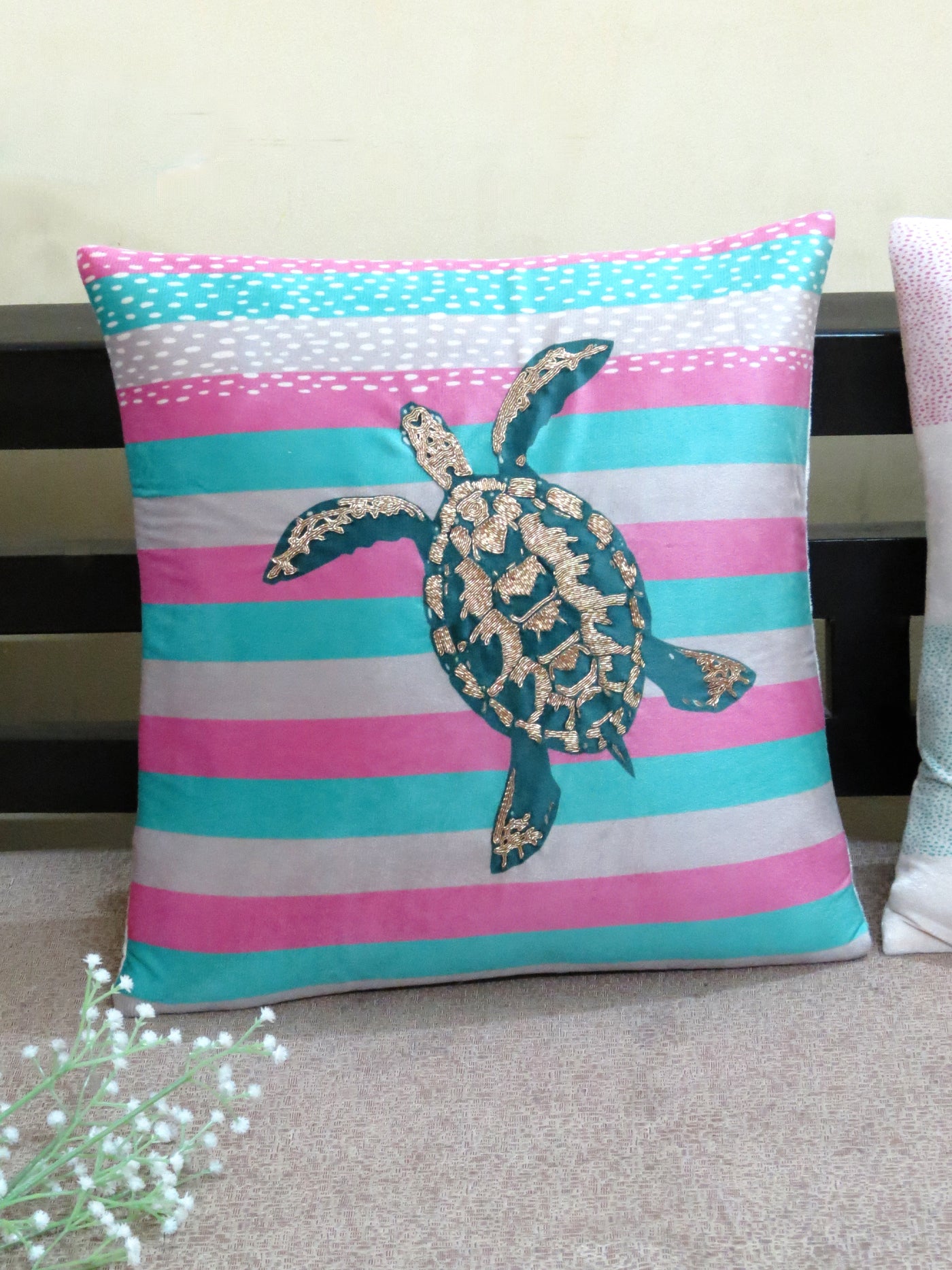 Turtle  Stripe Velvet Cushion Cover 16 Inch