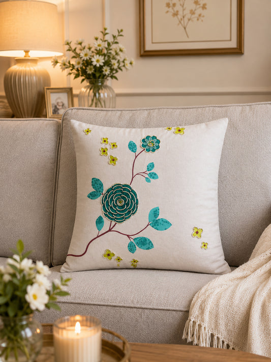 Floral Elegance Ivory Velvet Cushion Cover 16 Inch