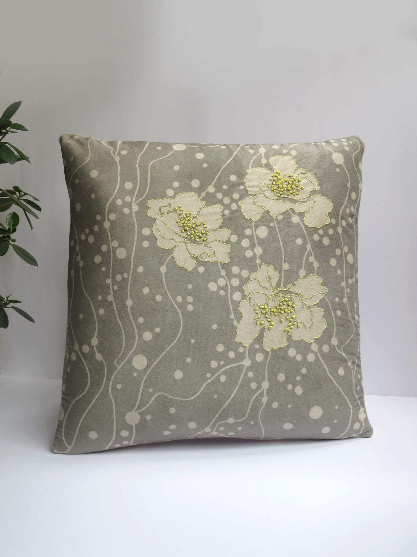 Wildflower Reverie Grey Velvet Floral Cushion Cover 16 Inches