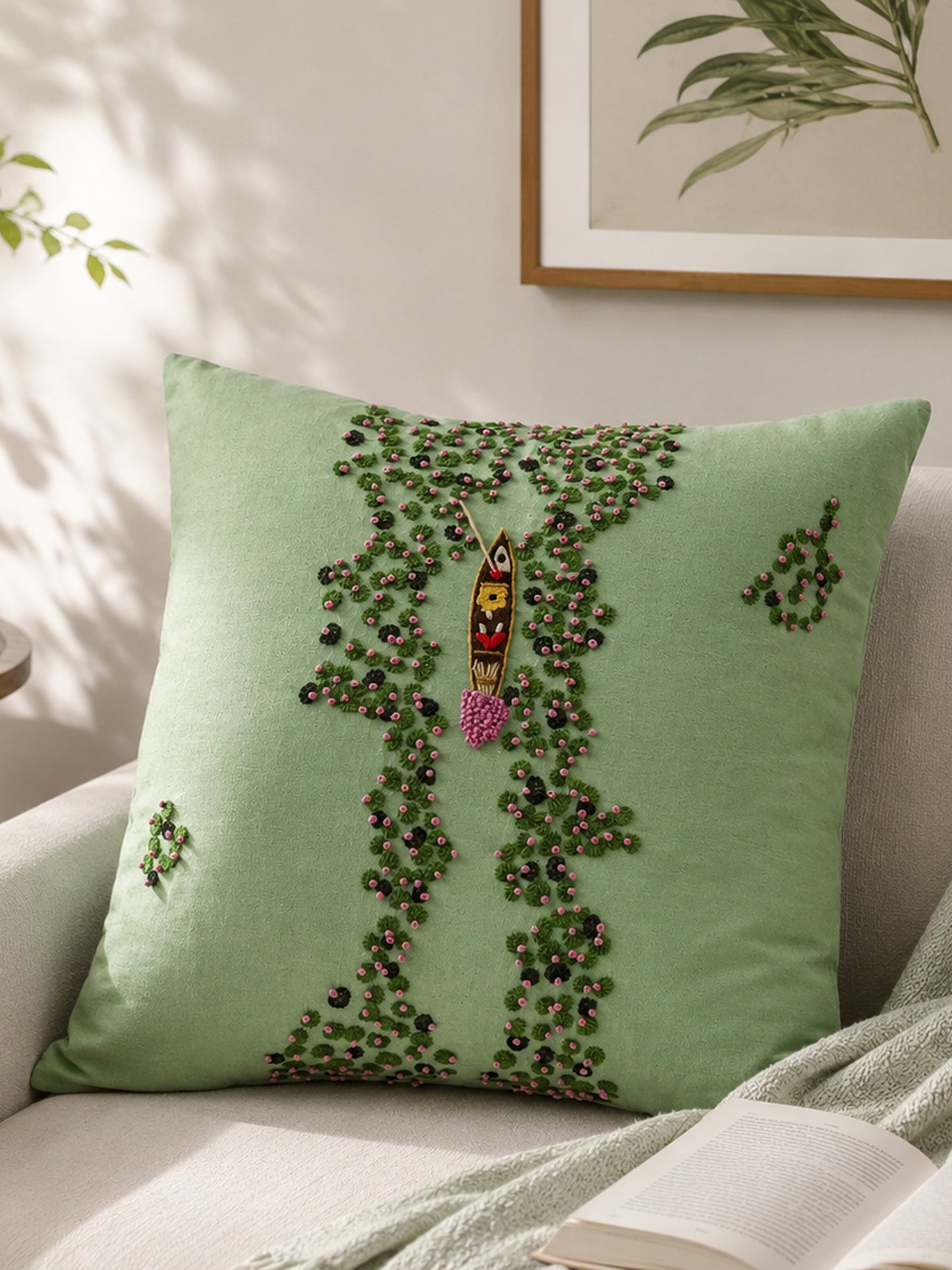 Hand embroidery Lotus Serenity cushion cover