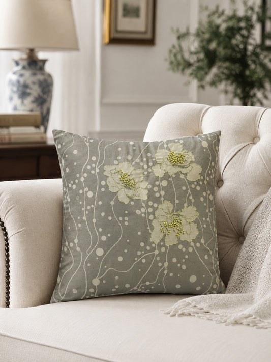 Wildflower Reverie Grey Velvet Floral Cushion Cover 16 Inches