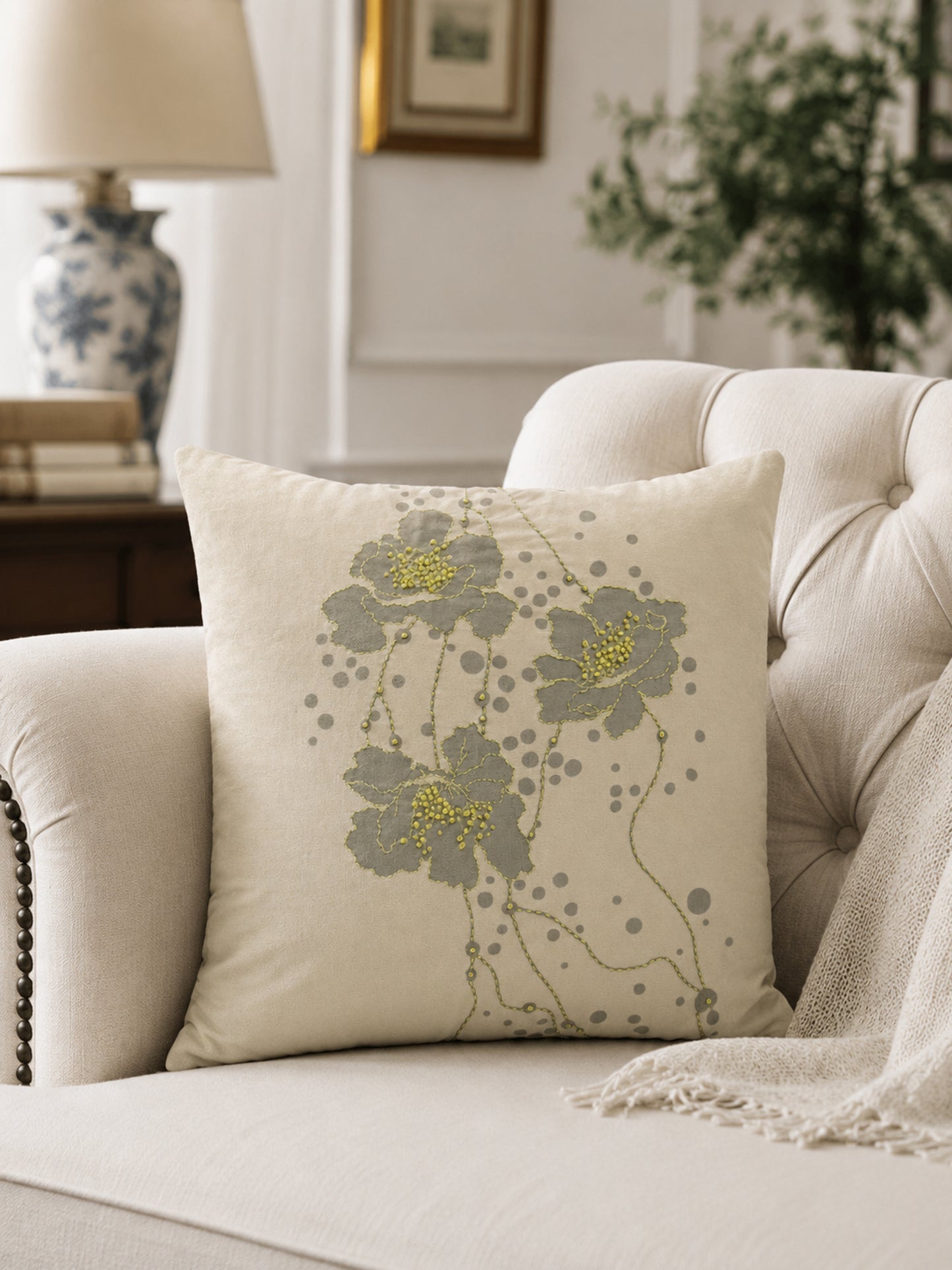 Wildflower Reverie White Velvet Floral Cushion Cover 16 Inches