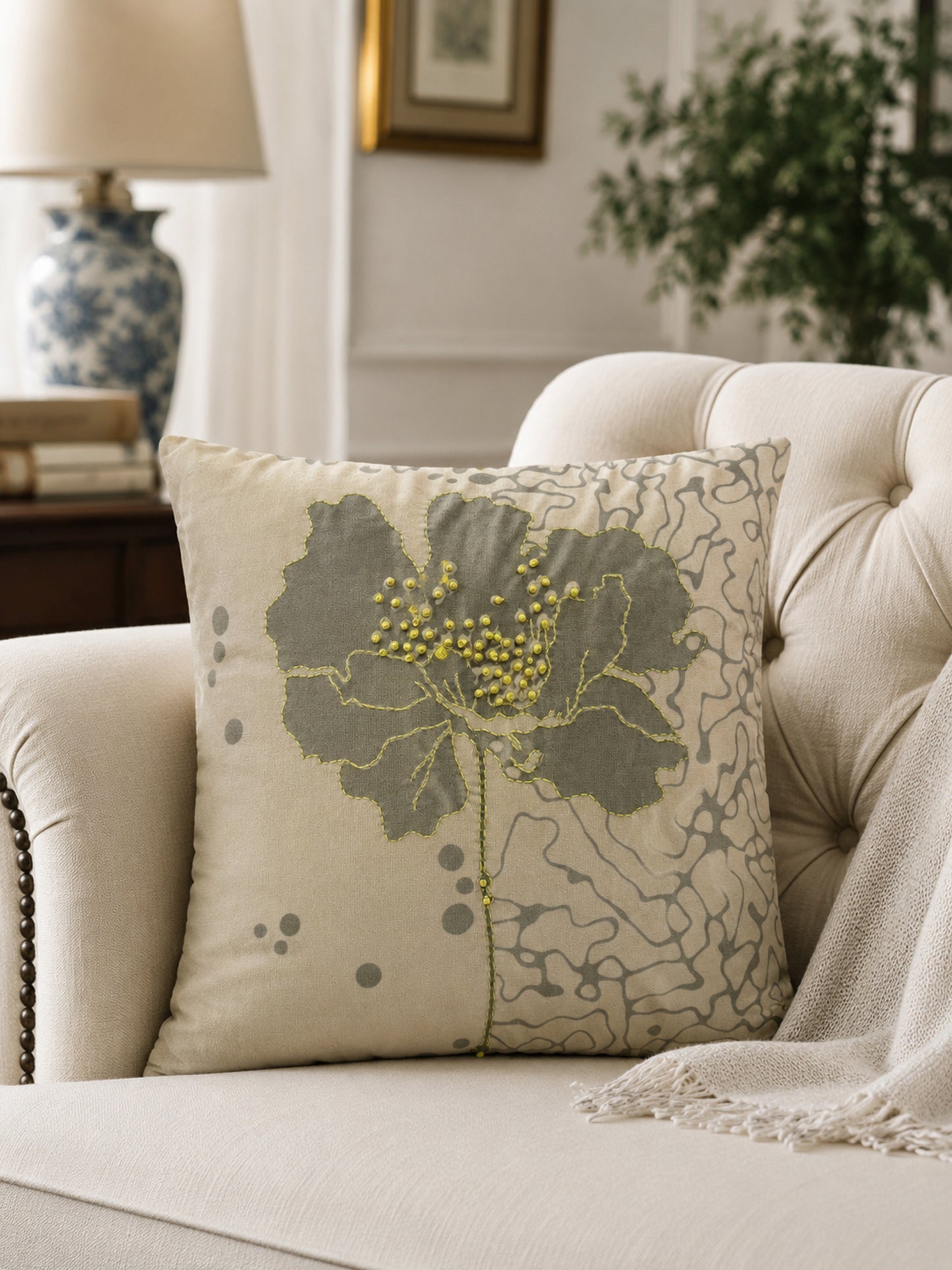 Wildflower Reverie White Velvet Cushion Cover 16x16 Inches