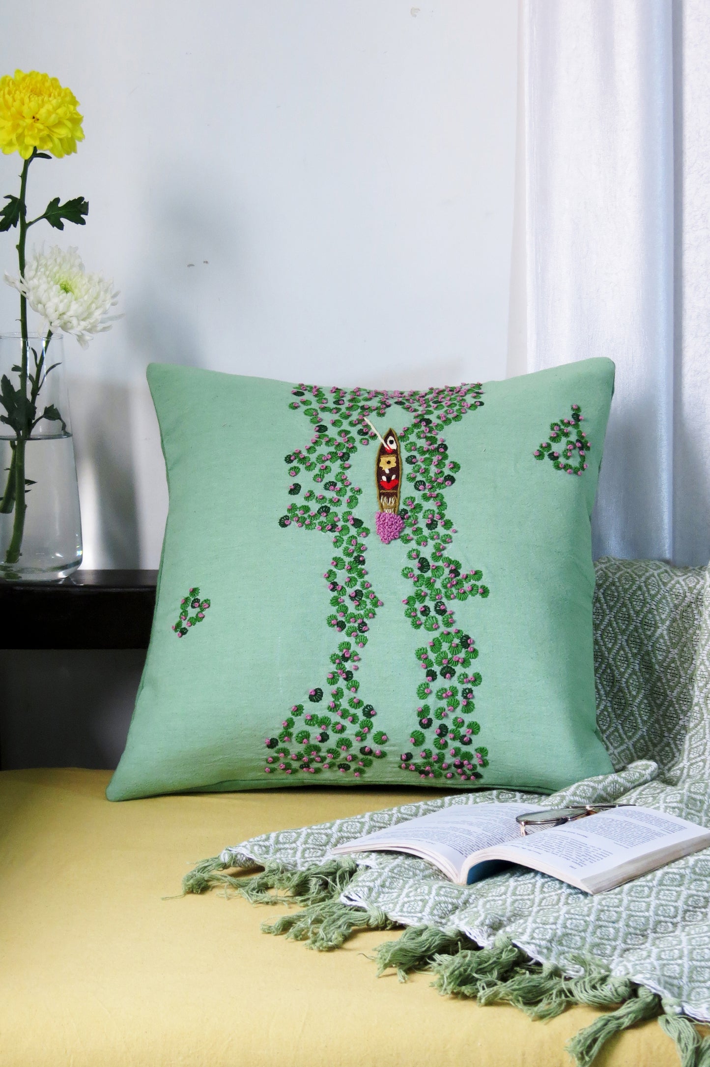 Hand embroidery Lotus Serenity cushion cover