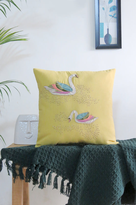 Hand embroidered Yellow cotton cushion cover