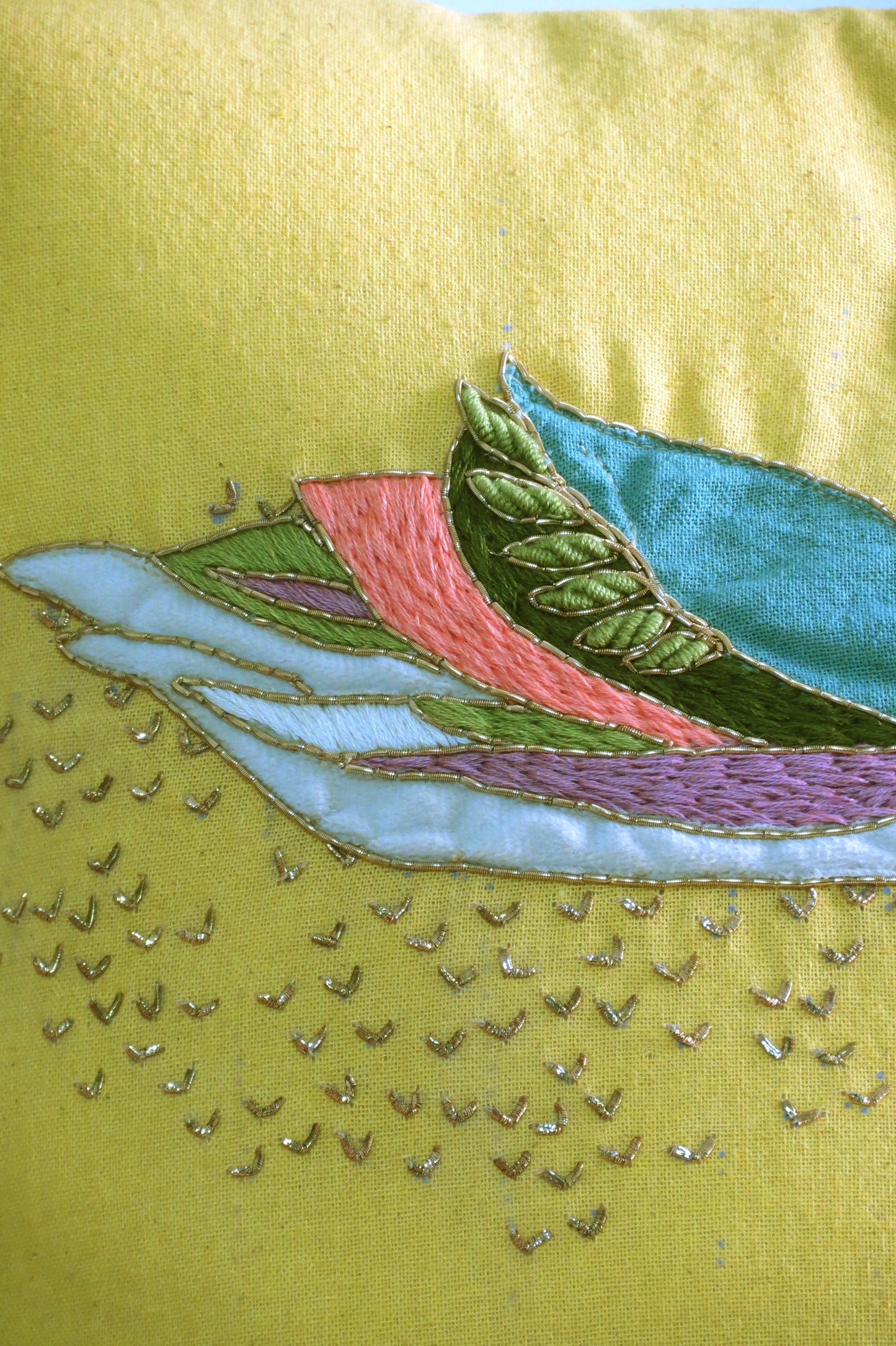 Hand embroidered Yellow cotton cushion cover