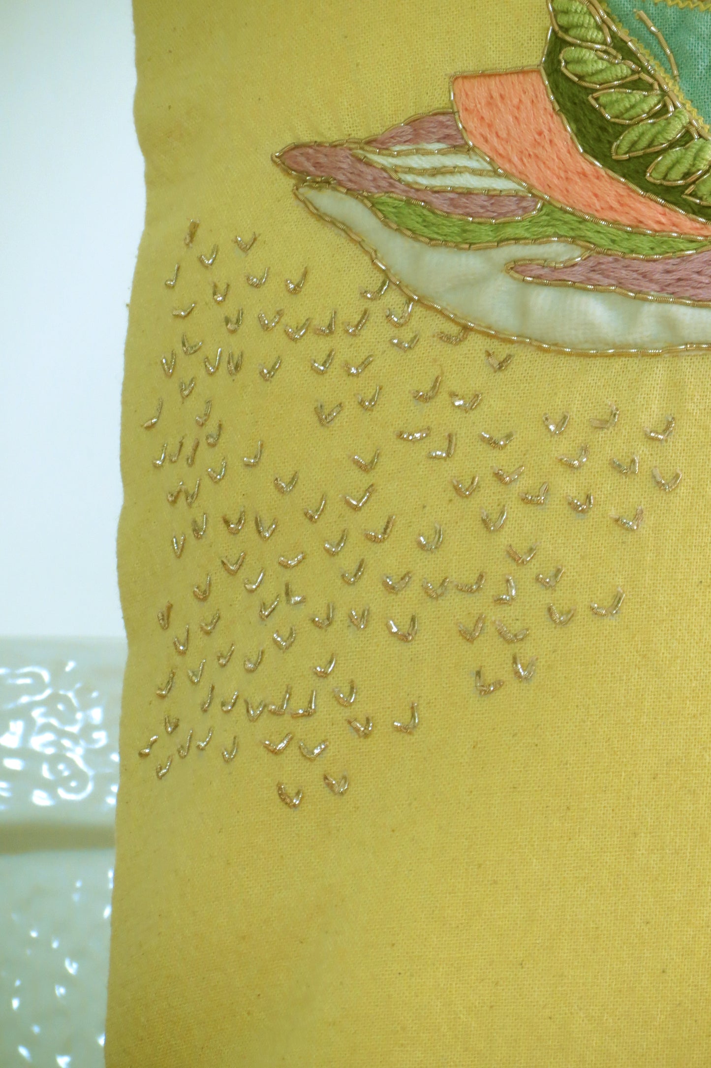 Hand embroidered Yellow cotton cushion cover