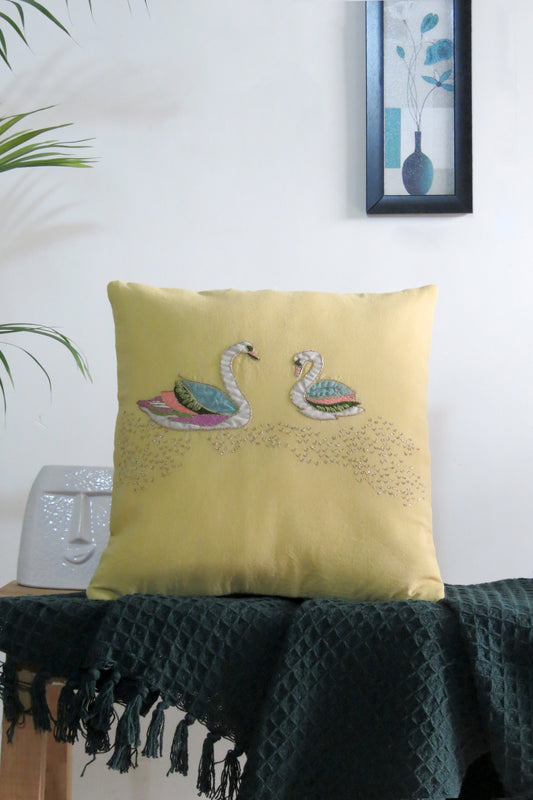 Hand embroidered Yellow cotton cushion cover