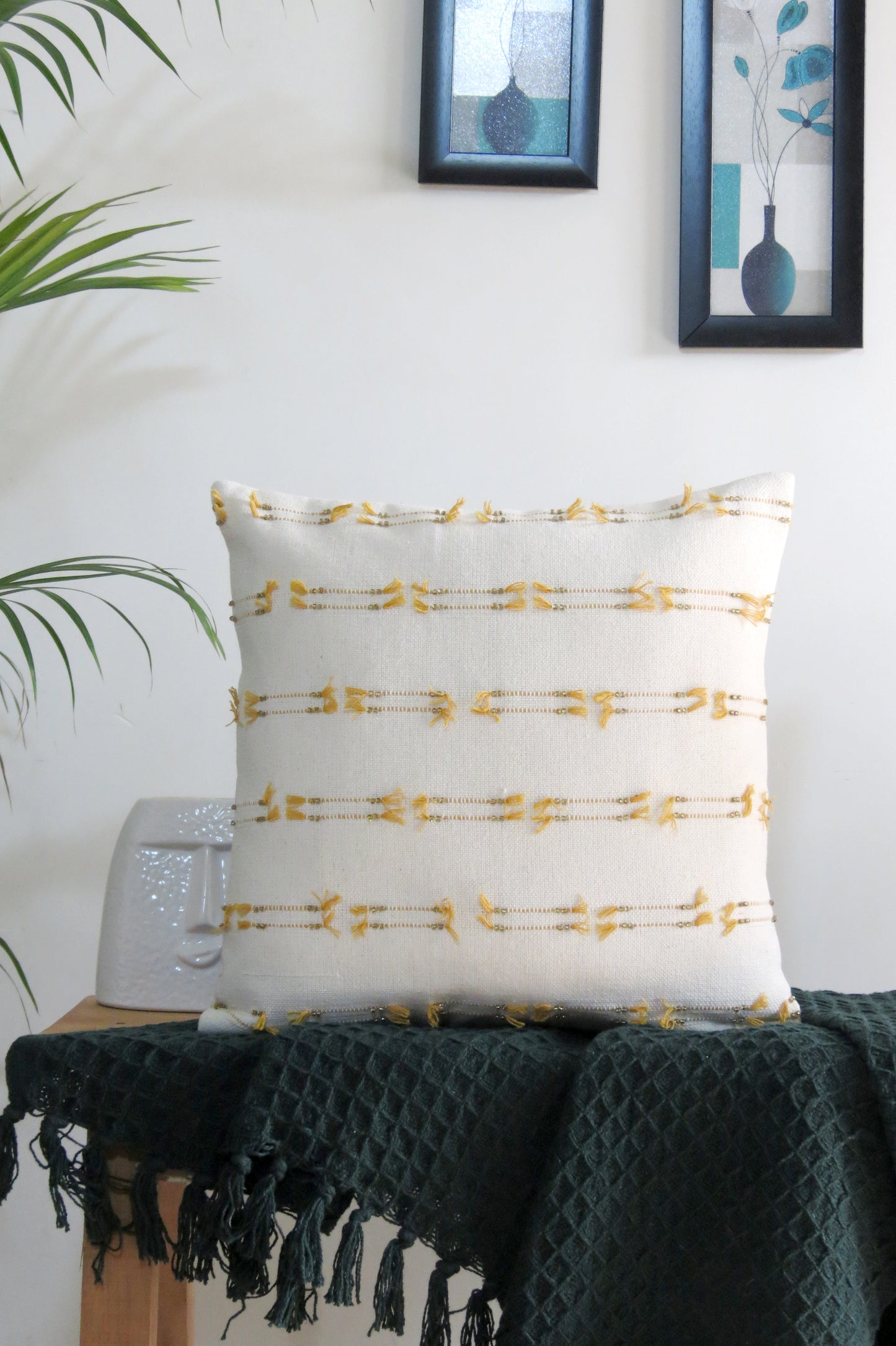 Hand embroidered Yellow cotton cushion covers Set of 3