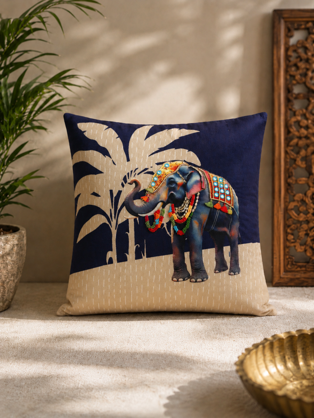 Elephant Embroidered Velvet Cushion Cover 16x16 Inches
