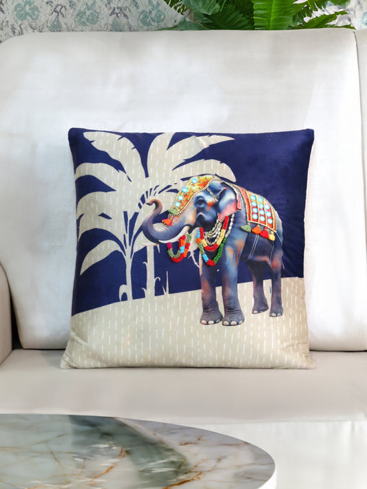 Elephant Embroidered Velvet Cushion Cover 16x16 Inches