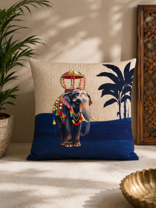 Elephant Utsav Embroidered Velvet Cushion Cover 16x16 Inches