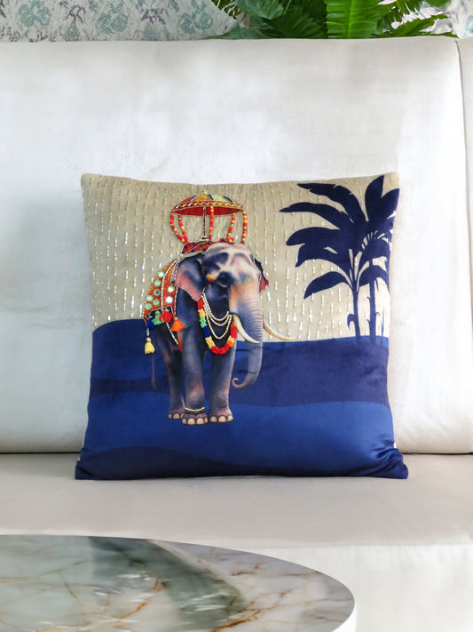Elephant Utsav Embroidered Velvet Cushion Cover 16x16 Inches
