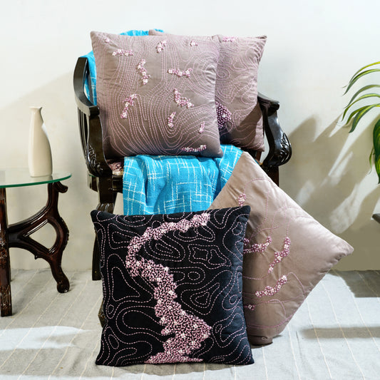 Brown Premium Velvet Embroidery Memory Maze Cushion Cover 4 Pcs Set