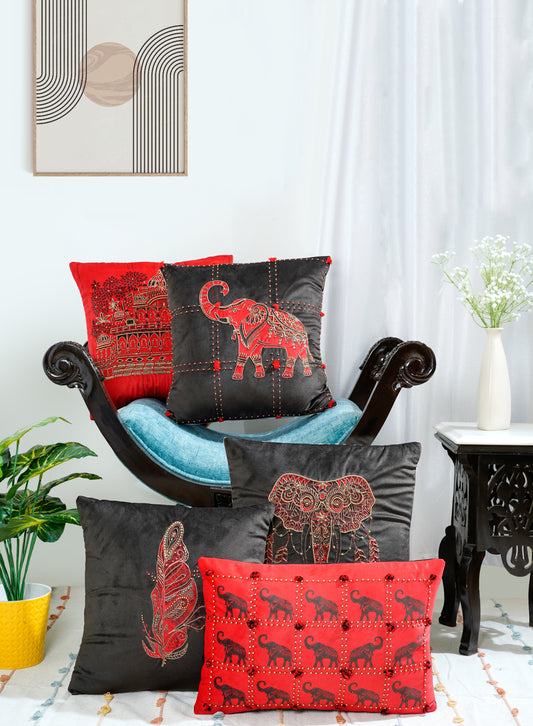 Black & Red Premium Velvet Printed Heritage Harmony Cushion Cover Set of 5