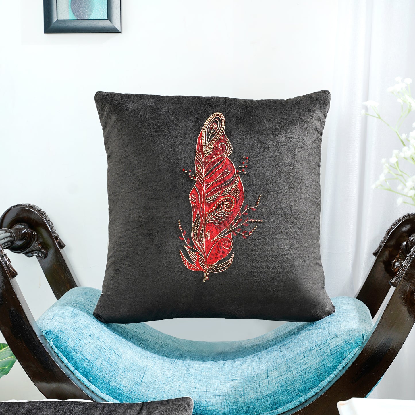 Black & Red Premium Velvet Printed Heritage Harmony Cushion Cover Set of 5